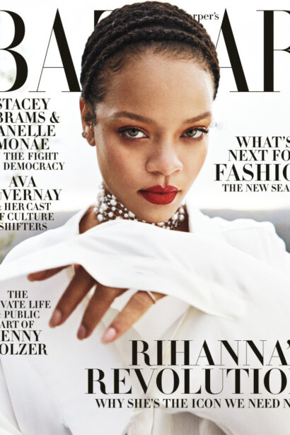 Rihanna poses on the cover of Harper's Bazaar magazine, featuring headlines about her impact on fashion and other featured stories by an event planning company.