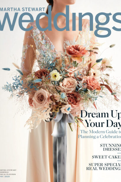 A bride holding a bouquet of flowers on the cover of Martha Stewart Weddings magazine, featuring insights from top event planners.