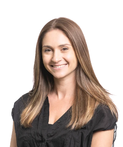 A portrait of a smiling woman with long hair, who is an event planner, wearing a black blouse on a transparent background.