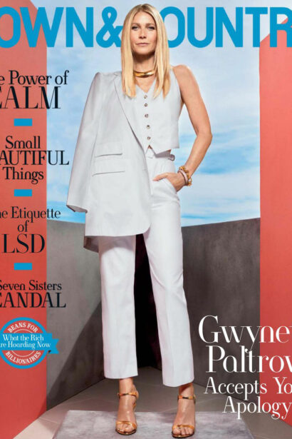 Woman in a white suit posing for a magazine cover featuring event venue spaces, with text overlays indicating magazine content.