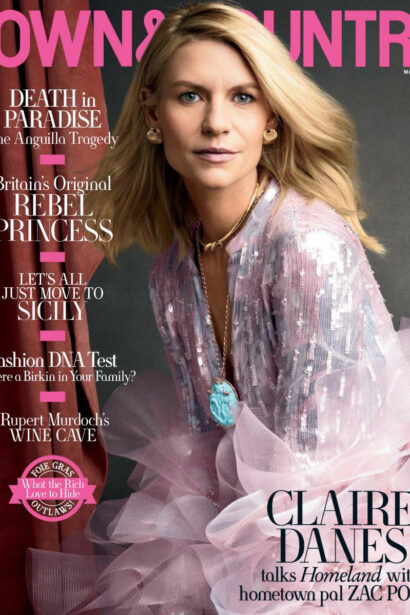 Claire Danes featured on the cover of Town & Country magazine, March 2020 issue, spotlighting event venue spaces.