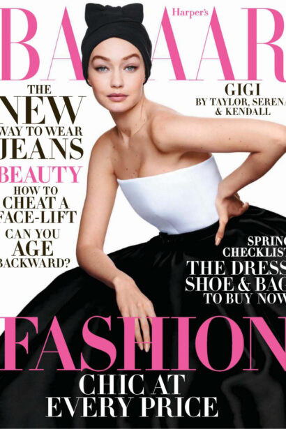 A cover of Harper's Bazaar magazine featuring a fashion model in a black outfit and pink hat, with headlines about style, beauty trends, and event venue spaces.