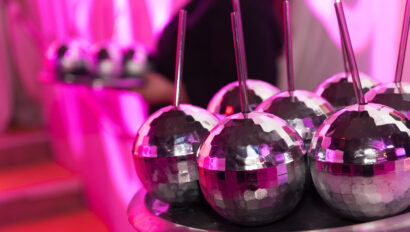 cocktail glasses shaped like disco balls.