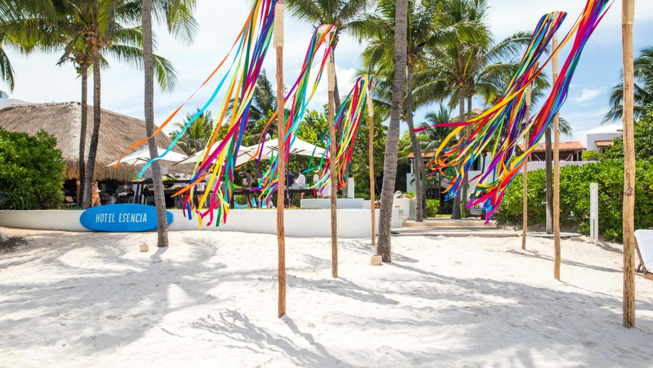 colorful streamers on poles on the beach.