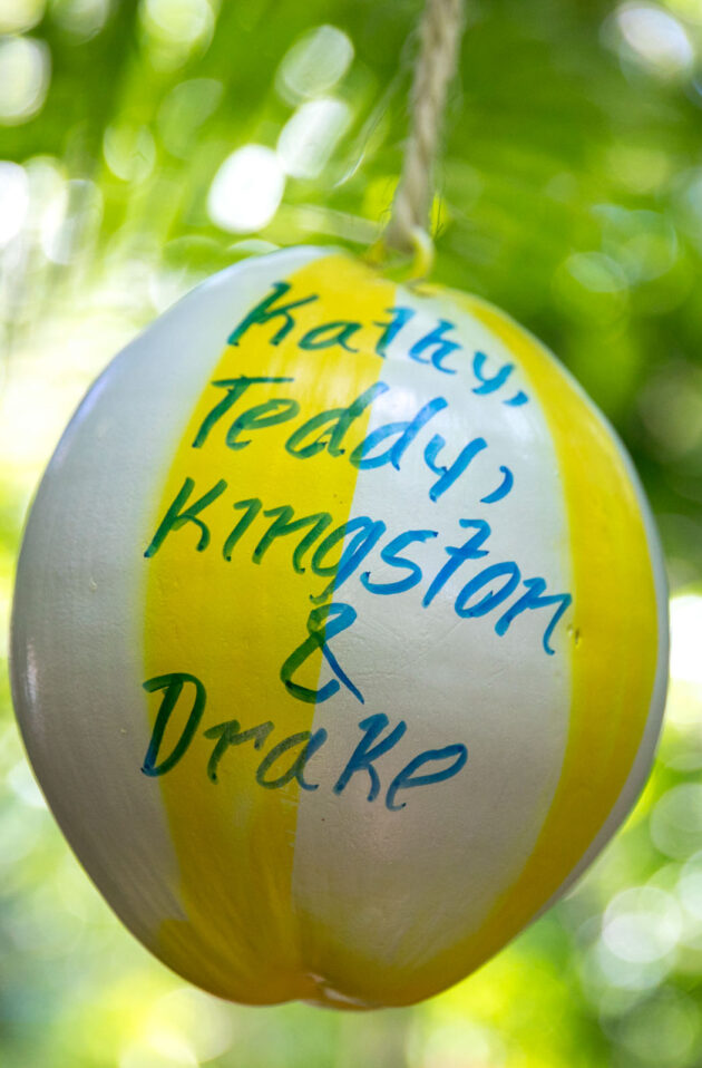 A yellow event ornament with the names "katy, teddy, kingston & drake" written in blue on it, hanging against a blurred green foliage background.