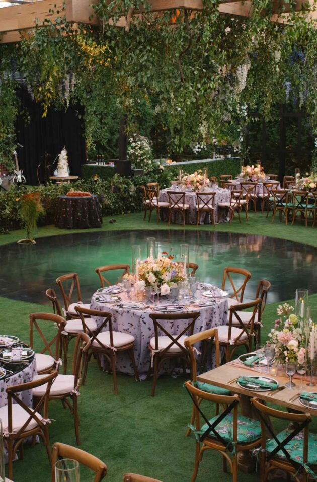 decorated tables under floral arrangements around a circular dance floor in a greenhouse.