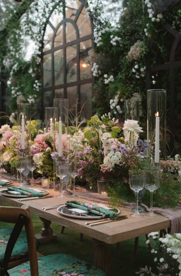 dining table decorated with flowers and place settings in a greenhouse.