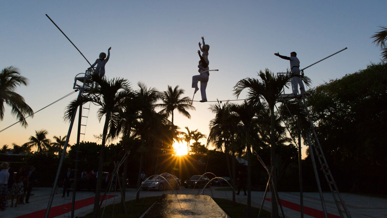 Event planners arrange for tightrope walkers to perform at sunset with palm trees in the background.