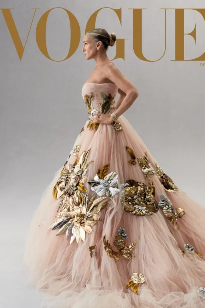 Woman in an ornate gown, styled by a renowned event planning company, on the cover of Vogue magazine.