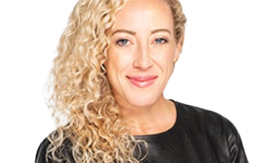 Smiling woman with curly blonde hair, employed at an event planning company, wearing a black top.