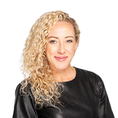 Smiling woman with curly blonde hair, employed at an event planning company, wearing a black top.