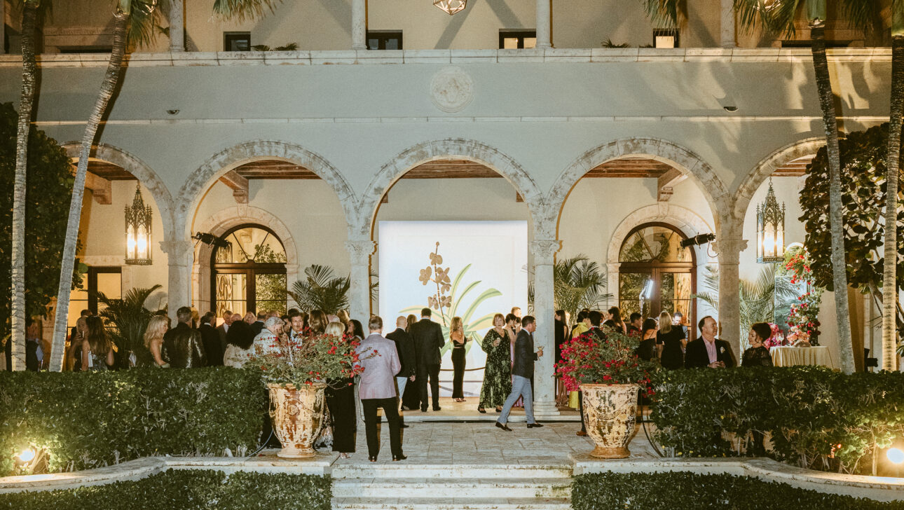 The exclusive amfAR Palm Beach Gala event with courtyard cocktail hour designed by Rafanelli Events.
