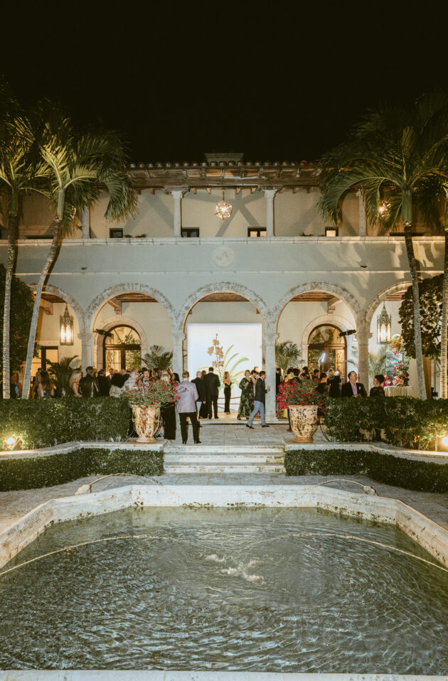 The exclusive amfAR Palm Beach Gala event with courtyard cocktail hour designed by Rafanelli Events.