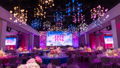 BCRF, Breast Cancer Research Foundation, Hot Pink Gala Fundrasier in New York City. Event desgined by Rafanelli Events featuring pink hues, dancing lights from the ceiling and stunning pink florals.