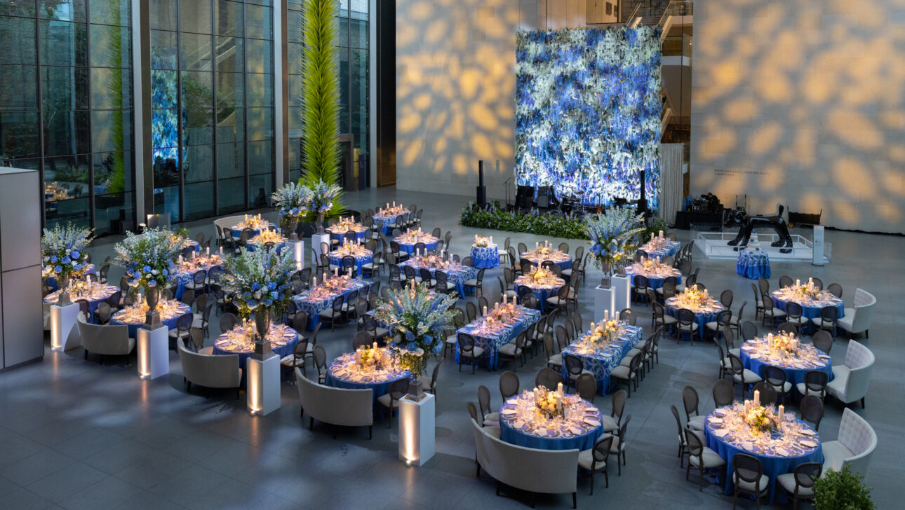 Museum of Fine Art wedding reception. Modern wedding reception with bold blues, purples and greens. Designed by Rafanelli Events.