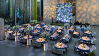 Museum of Fine Art wedding reception. Modern wedding reception with bold blues, purples and greens. Designed by Rafanelli Events.
