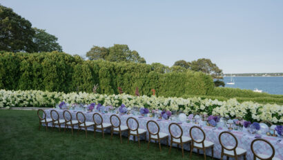 Martha's Vineyard destination wedding dinner reception setting on Ferry Lawn overlooking the ocean.