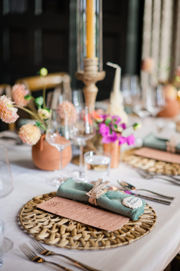 Table setting with wildflowers for private event designed by Rafanelli Events.